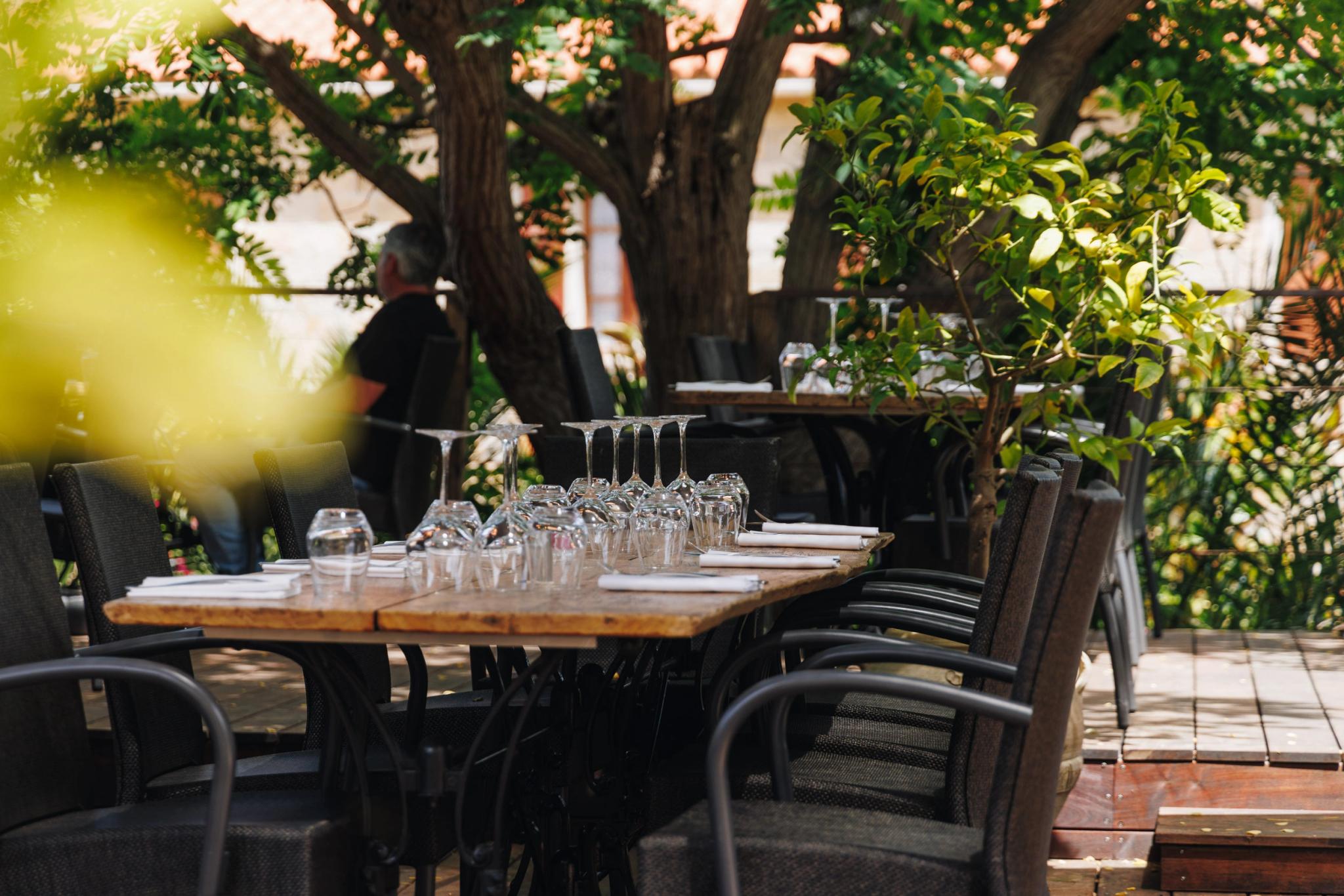 Restaurant en Corse sous les arbres avec terrasse ombragée et verres dressés